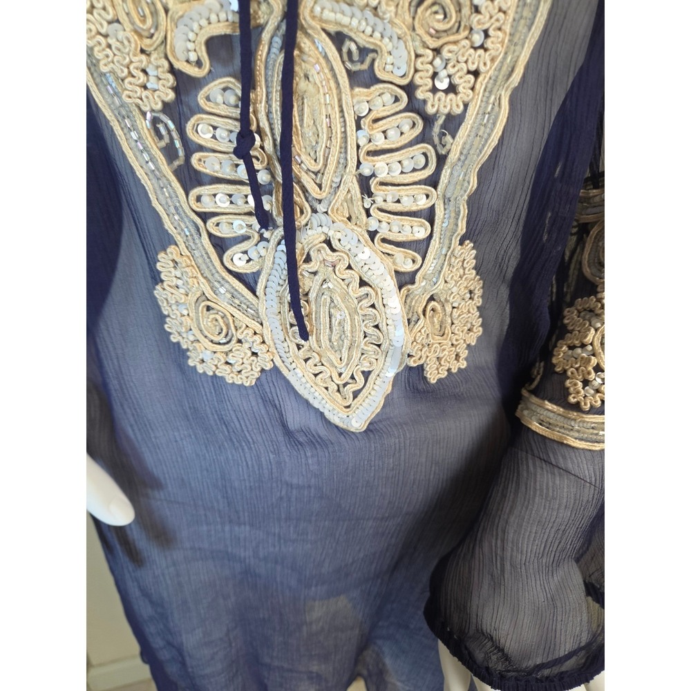 Calypso St. Barth Silk Embroidered Sequin Tunic Navy Blue Boho Coverup Medium - Picture 13 of 14
